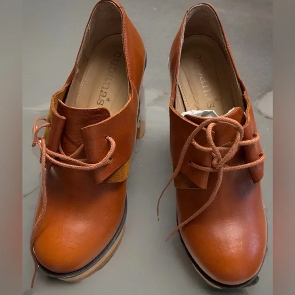 Anthropologie Cubanas Brown Cognac leather wood block Shoes platform women’s 7 - Picture 4 of 5